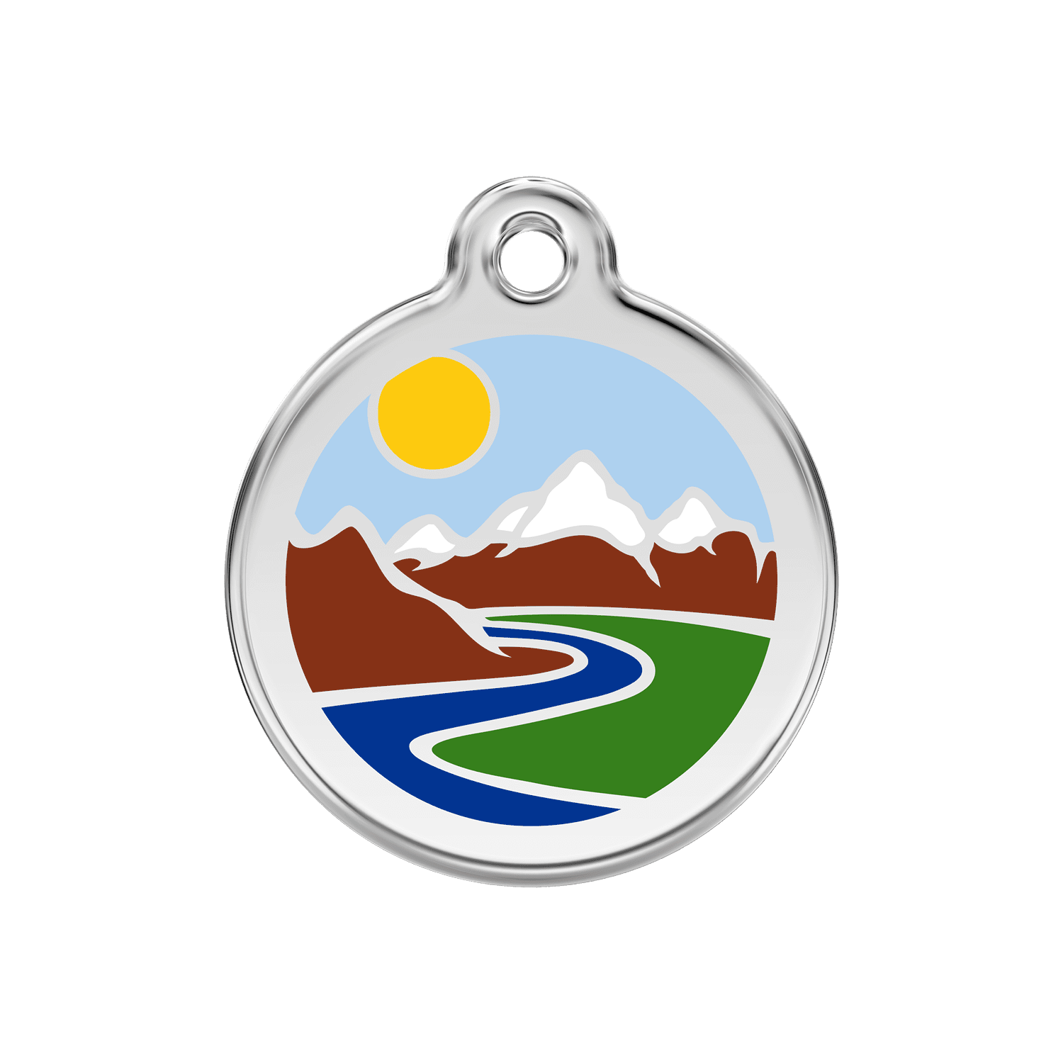 Vue avant - Médaille personnalisée pour chien Red Dingo Émail et acier inoxydable motif montagnes bleu clair - Size M