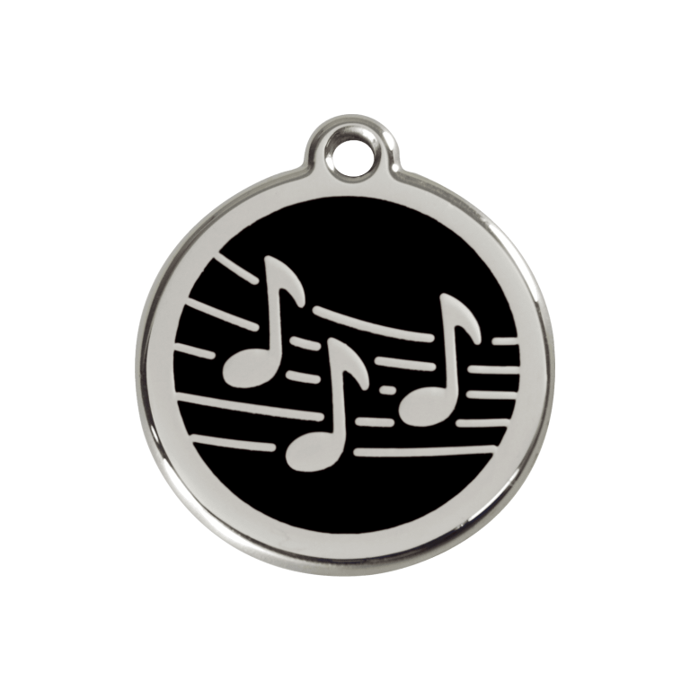 Vue avant - Médaille personnalisée pour chien ou chat Red Dingo Émail et acier inoxydable - Motif Musique - Noir - Size M