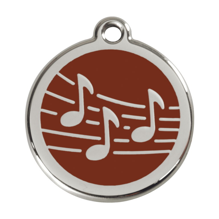 Vue avant - Médaille personnalisée pour chien Red Dingo Émail et acier inoxydable - Motif Musique - Brun - Size L