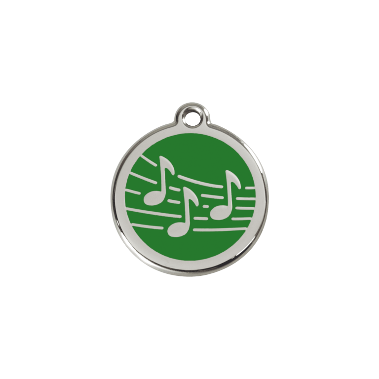 Vue avant - Médaille personnalisée pour chien/chat Red Dingo Émail et acier inoxydable - Motif Musique - Vert - Size S