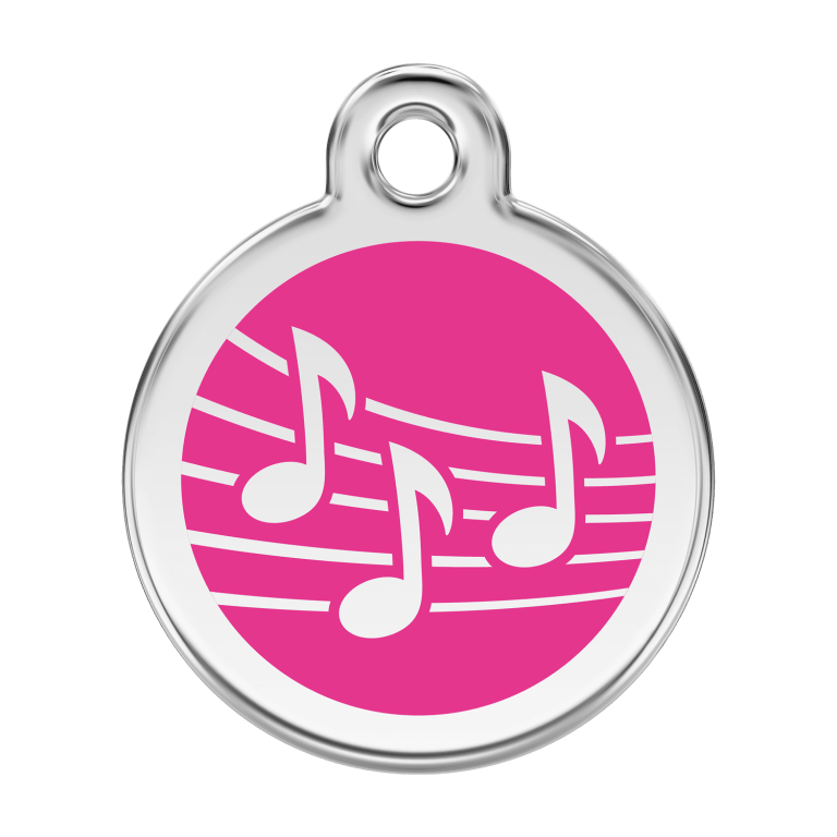Vue avant - Médaille personnalisée pour chien Red Dingo Émail et acier inoxydable Musique Rose vif - Size L