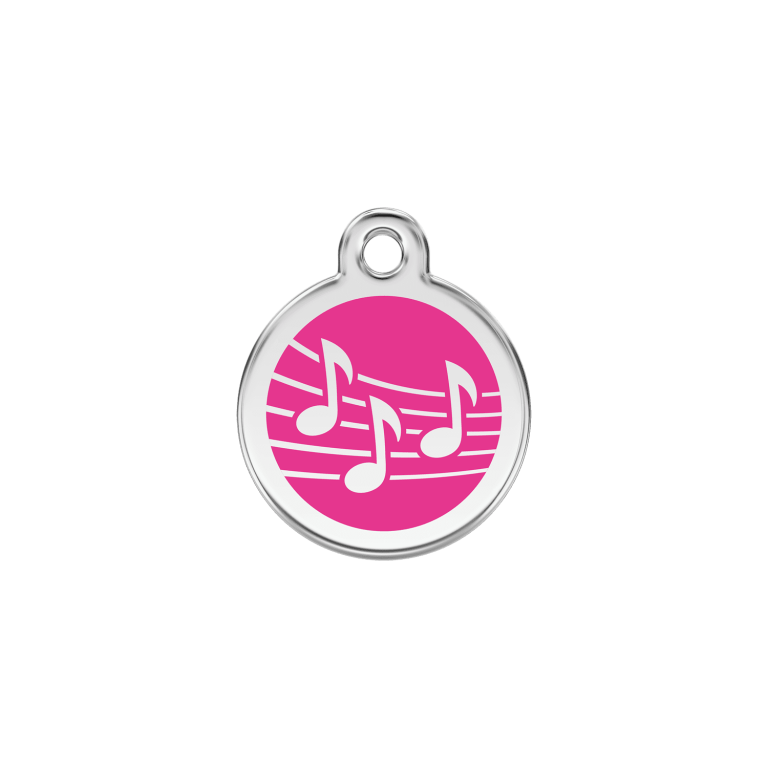 Vue avant - Médaille personnalisée pour chat en émail et acier inoxydable - Red Dingo - Motif musique - Rose vif - Size S