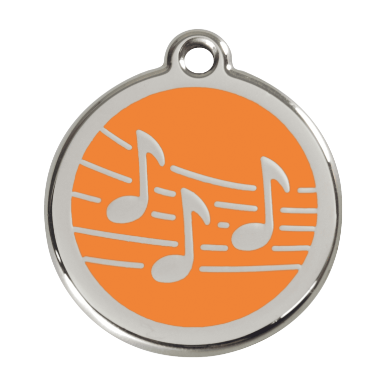 Vue avant - Médaille personnalisable pour chien Red Dingo Émail et acier inoxydable - Motif Musique - Orange - Size L