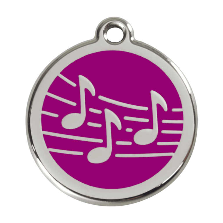 Vue avant - Médaille personnalisée pour chien Red Dingo Émail et acier inoxydable Musique Violet - Size L