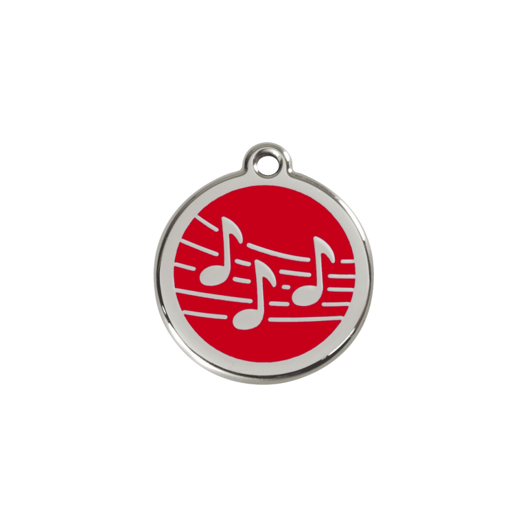 Vue avant - Médaille personnalisée pour chien/chat Red Dingo Émail et acier inoxydable - Motif Musique - Rouge - Size S