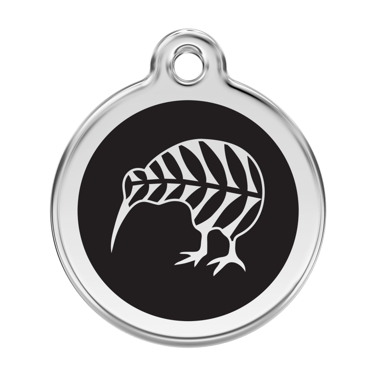 Vue avant - Médaille personnalisée Red Dingo Émail et acier inoxydable kiwi noir - Size L pour chien