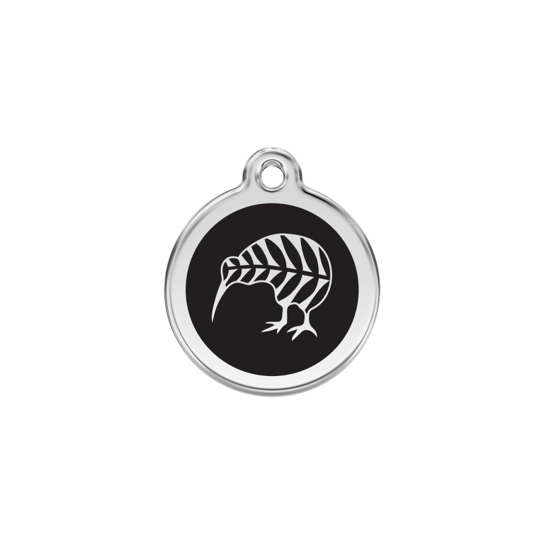 Vue avant - Médaille personnalisée pour chien/chat Red Dingo Émail et acier inoxydable - Motif kiwi - Noir - Size S