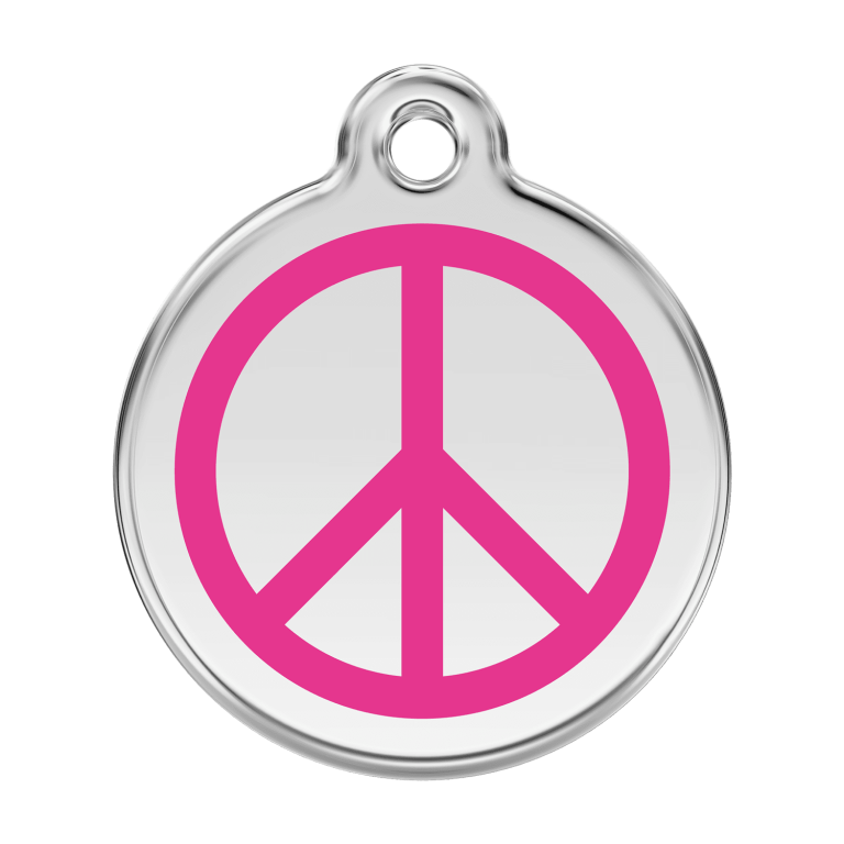 Vue avant - Médaille personnalisée pour chien Red Dingo Émail et acier inoxydable - Motif Paix - Rose vif - Size L