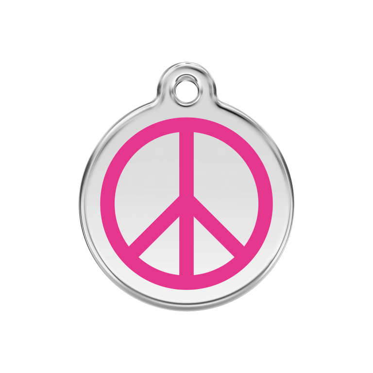 Vue avant - Médaille personnalisée pour chien - Red Dingo Émail et acier inoxydable - Motif Paix - Rose vif - Size M