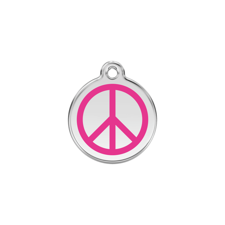 Vue avant - Médaille personnalisée pour chat en émail et acier inoxydable - Red Dingo - Motif Paix - Rose vif - Size S