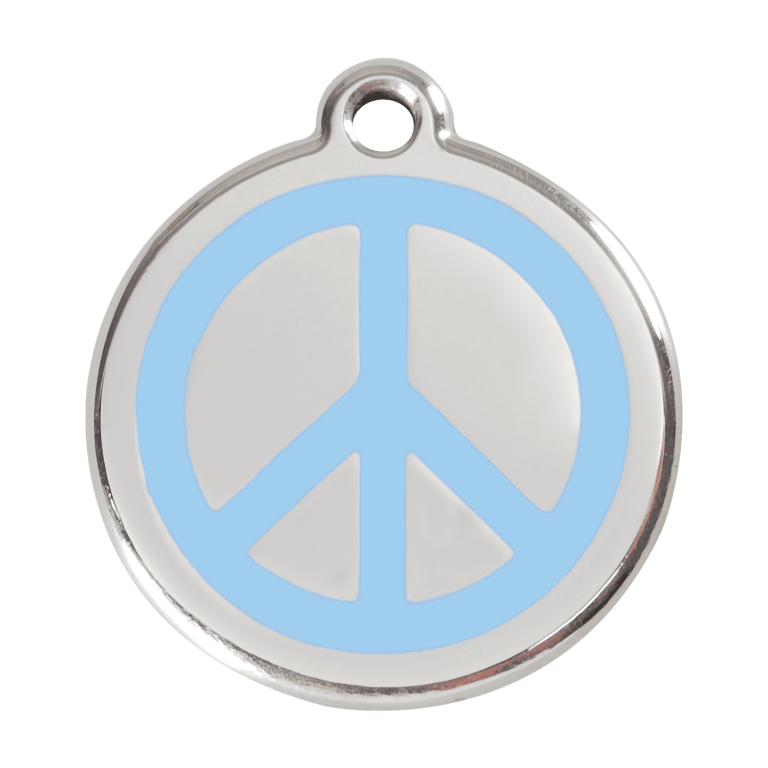 Vue avant - Médaille personnalisée pour chien - Red Dingo Émail et acier inoxydable - Motif Paix - Bleu clair - Size L