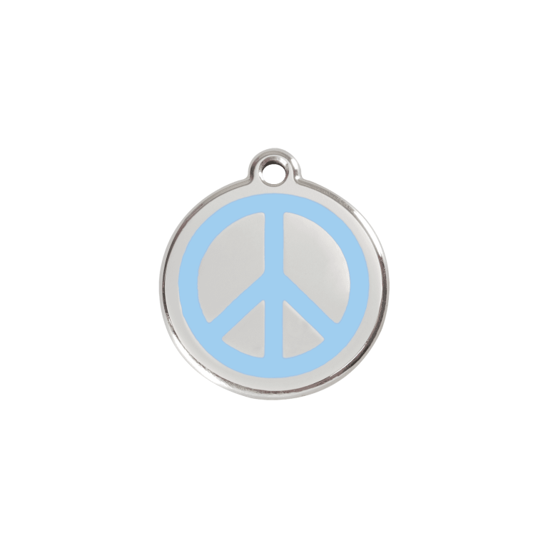 Vue avant - Médaille personnalisée pour chat ou chien - Red Dingo Émail et acier inoxydable - Motif Paix - Bleu clair - Size S