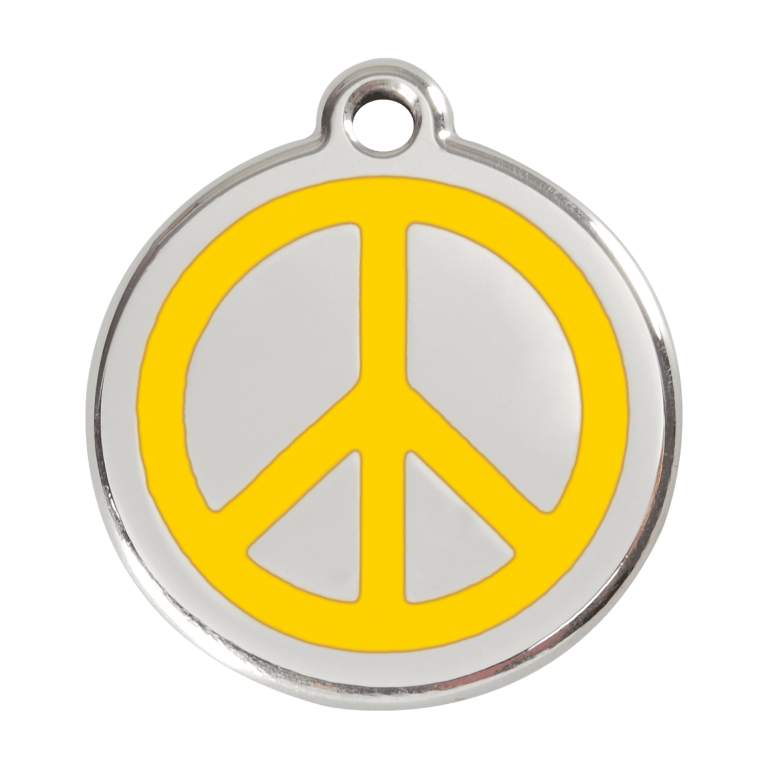 Vue avant - Médaille personnalisée pour chien - Red Dingo Émail et acier inoxydable - Motif Paix Jaune - Size L