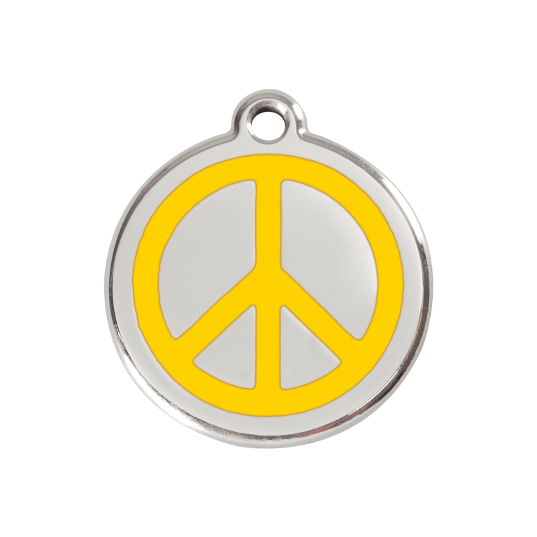 Vue avant - Médaille personnalisée pour chien Red Dingo Émail et acier inoxydable - Motif Paix Jaune - Size M