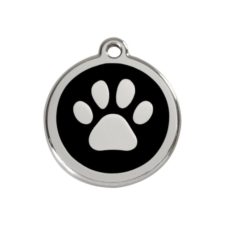 Vue avant - Médaille personnalisée pour chien ou chat Red Dingo Émail et acier inoxydable - Empreinte de patte - Noir - Size M