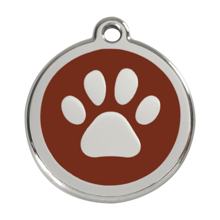 Vue avant - Médaille personnalisable pour chien Red Dingo en émail et acier inoxydable - Empreinte de patte - Brun - Size L