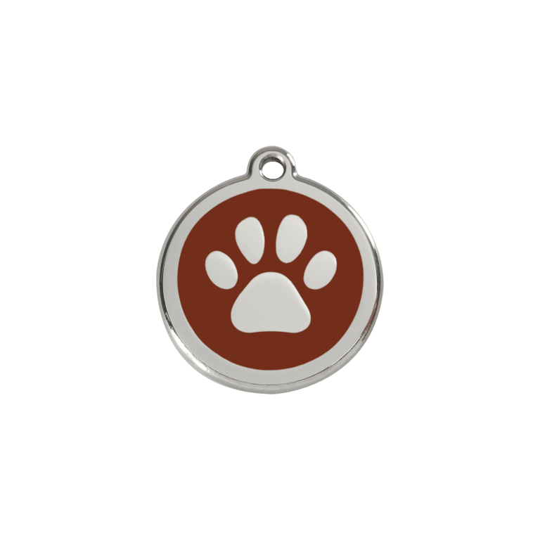 Vue avant - Médaille personnalisée pour chien/chat Red Dingo Émail et acier inoxydable - Empreinte de patte - Brun - Size S