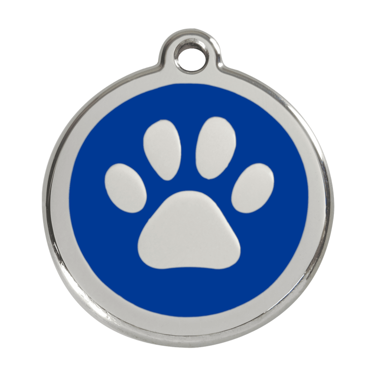 Vue avant - Médaille personnalisée pour chien Red Dingo Émail et acier inoxydable - Empreinte de patte - Bleu foncé - Size L