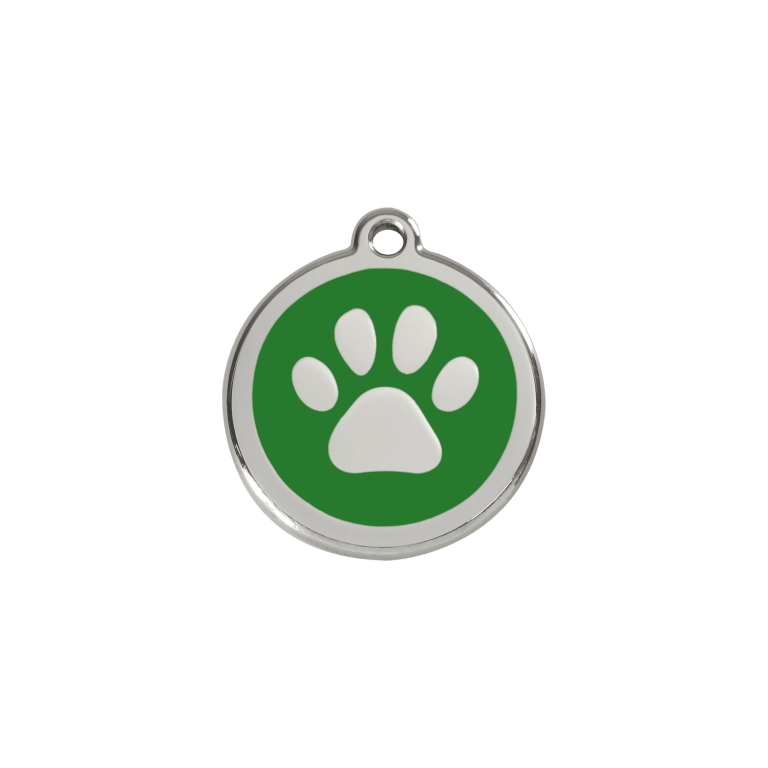 Vue avant - Médaille personnalisée pour chien/chat Red Dingo Émail et acier inoxydable - Empreinte de patte - Vert - Size S