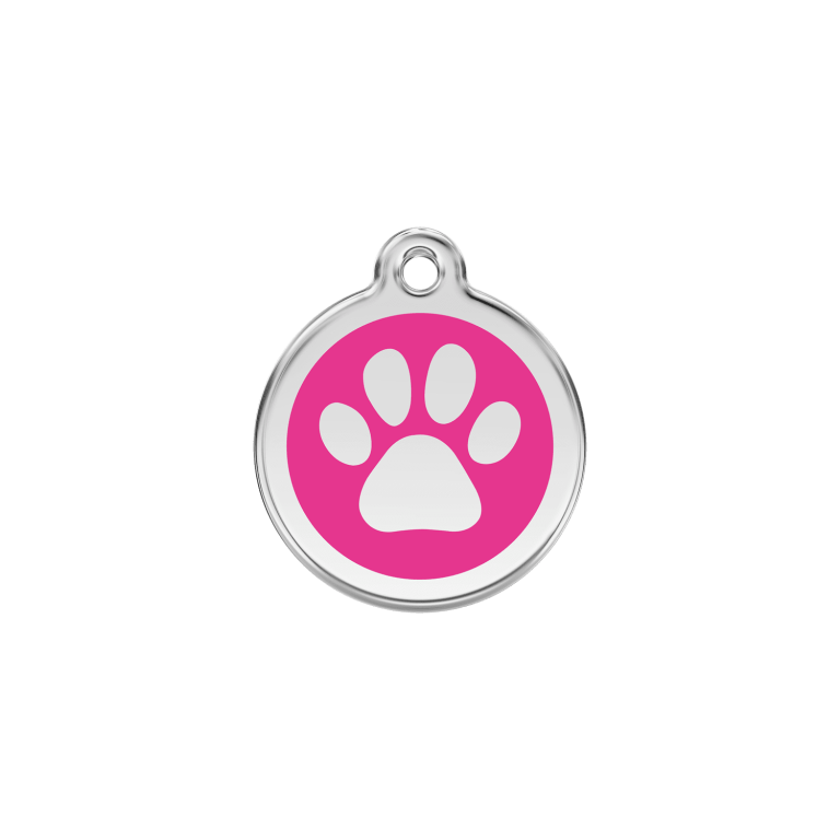 Vue avant - Médaille personnalisable pour chien/chat Red Dingo Émail/Acier inoxydable - Empreinte de patte - Rose vif - Size S