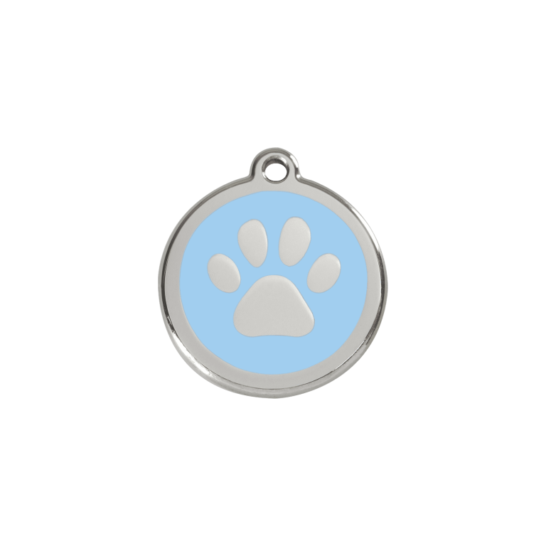 Vue avant - Médaille personnalisable pour chien/chat Red Dingo Émail/Acier inoxydable Bleu clair - Empreinte de patte - Size S