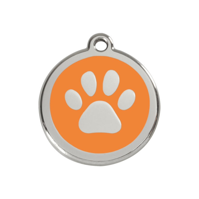 Vue avant - Médaille personnalisée pour chien Red Dingo en émail et acier inoxydable - Empreinte de patte orange - Size M