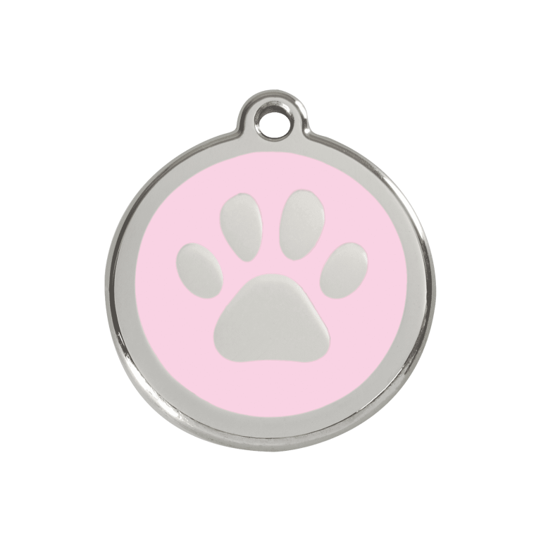 Vue avant - Médaille personnalisée pour chien/chat Red Dingo Émail et acier inoxydable - Empreinte de patte rose - Size M