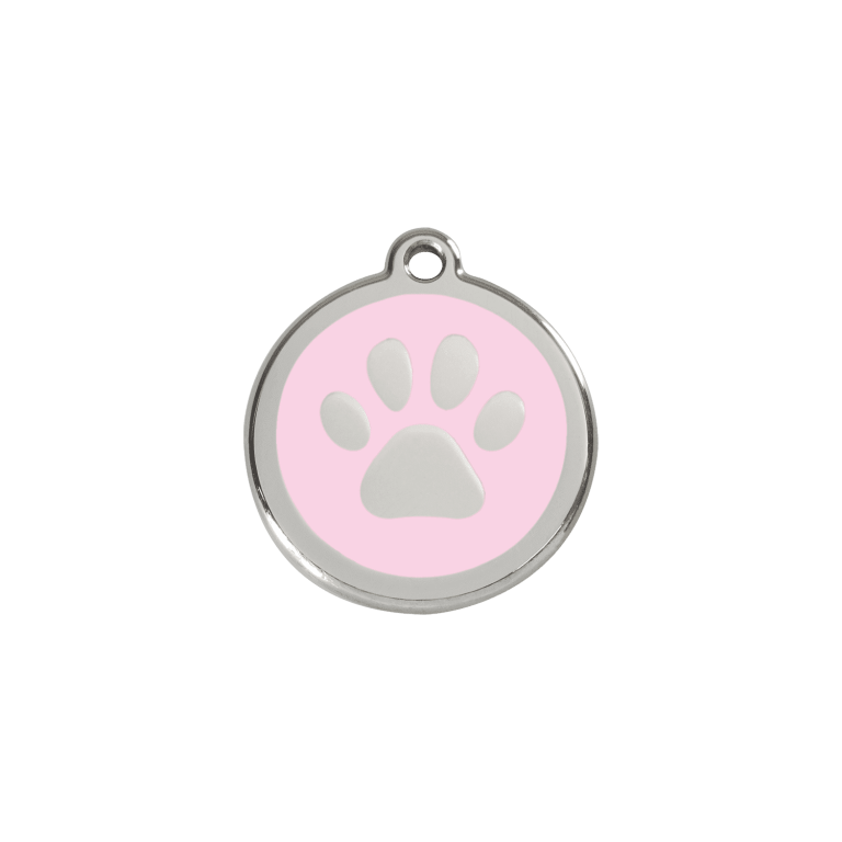 Vue avant - Médaille personnalisée pour chien/chat Red Dingo Émail/Acier inoxydable - Empreinte de patte rose - Size S