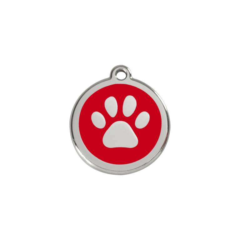 Vue avant - Médaille personnalisable pour chien/chat Red Dingo Émail/Acier inoxydable - Empreinte de patte - Rouge - Size S