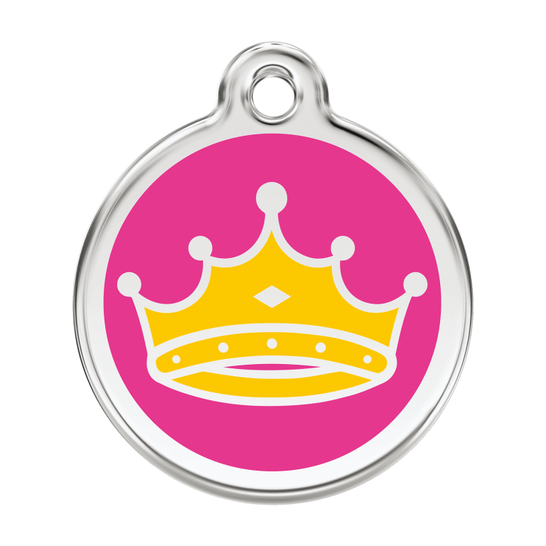 Vue avant - "Médaille personnalisée pour chien Red Dingo Émail et acier inoxydable - Motif Reine - Rose vif - Size L"