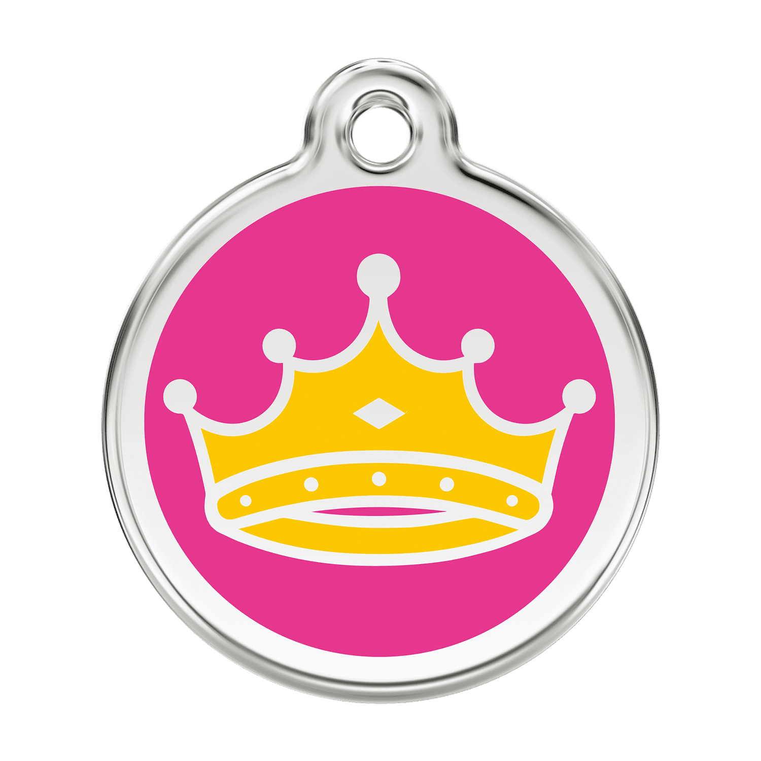 Vue avant - "Médaille personnalisée pour chien Red Dingo Émail et acier inoxydable - Motif Reine - Rose vif - Size L"