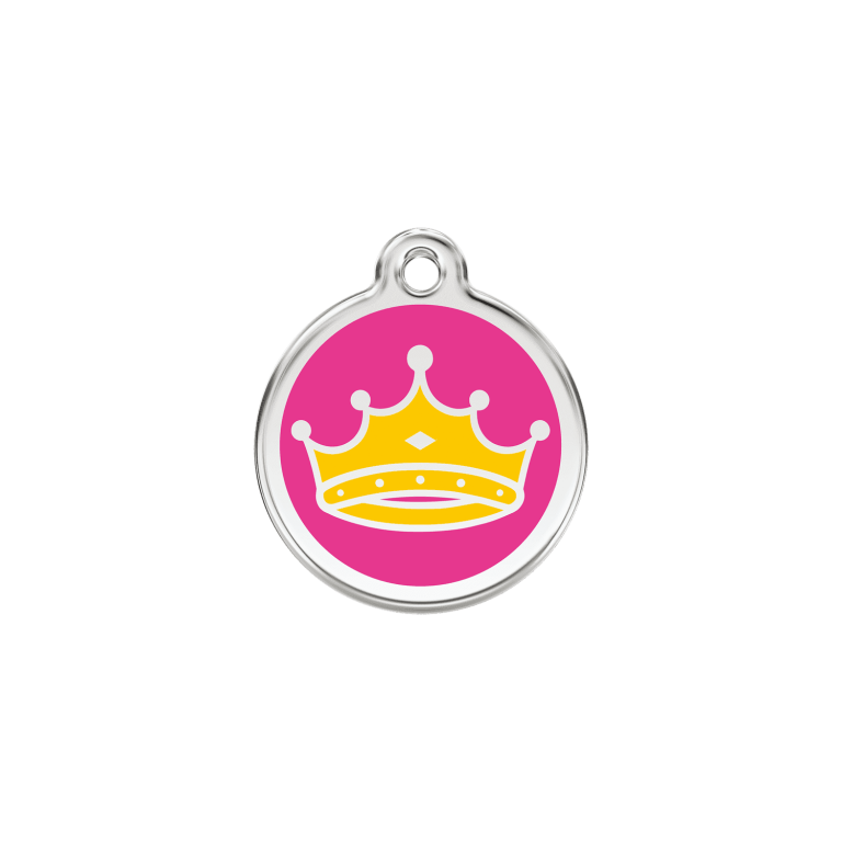 Vue avant - Médaille personnalisable pour chat en émail et acier inoxydable - Red Dingo - Motif Reine - Rose vif - Size S