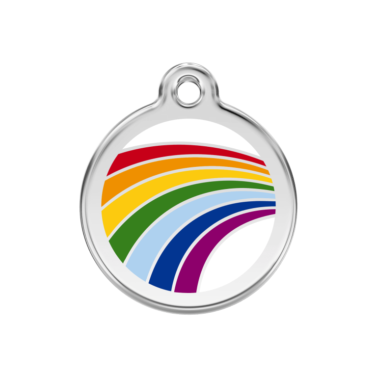 Vue avant - Médaille personnalisée pour chien Red Dingo Émail et acier inoxydable arc-en-ciel blanc - Size M