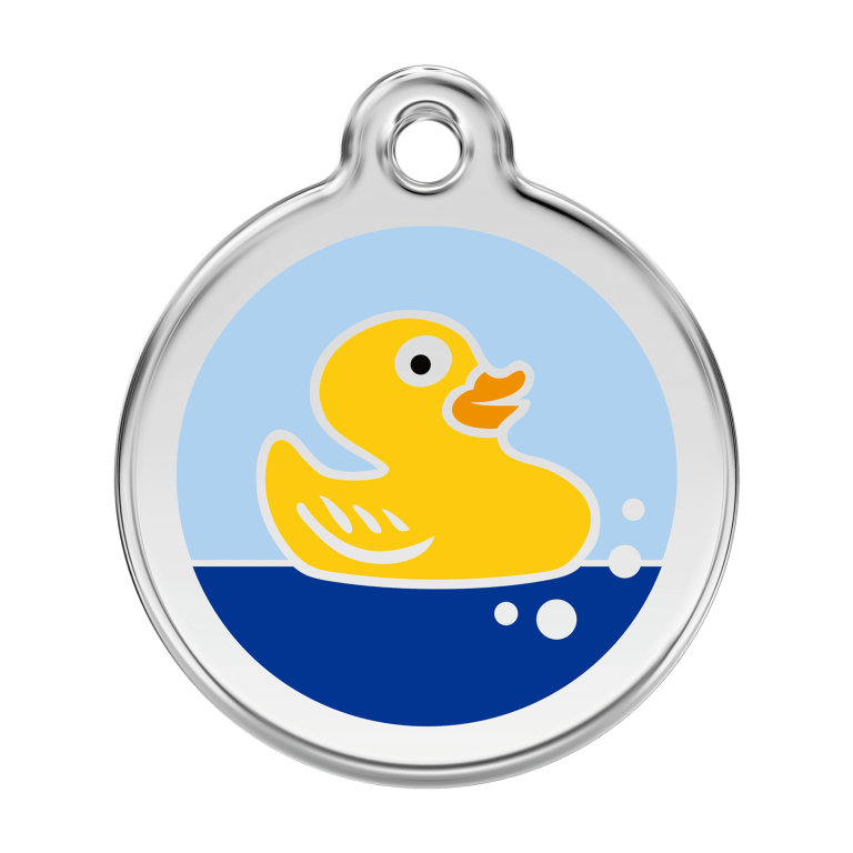 Vue avant - Médaille personnalisée pour chien Red Dingo Émail et acier inoxydable Canard en caoutchouc Bleu clair 38mm