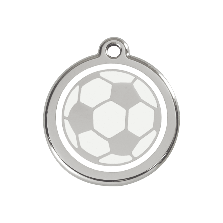 Vue avant - Médaille personnalisée pour chien Red Dingo Émail et acier inoxydable - Ballon de football blanc - Size M