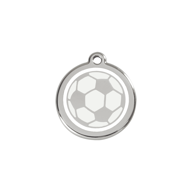 Vue avant - Médaille personnalisée pour chien/chat Red Dingo Émail et acier inoxydable - Ballon de football blanc - Size S