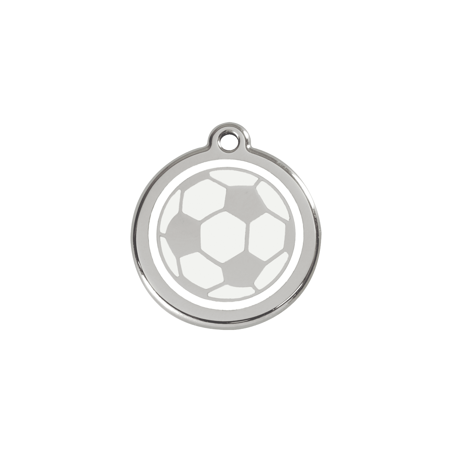 Vue avant - Médaille personnalisée pour chien/chat Red Dingo Émail et acier inoxydable - Ballon de football blanc - Size S