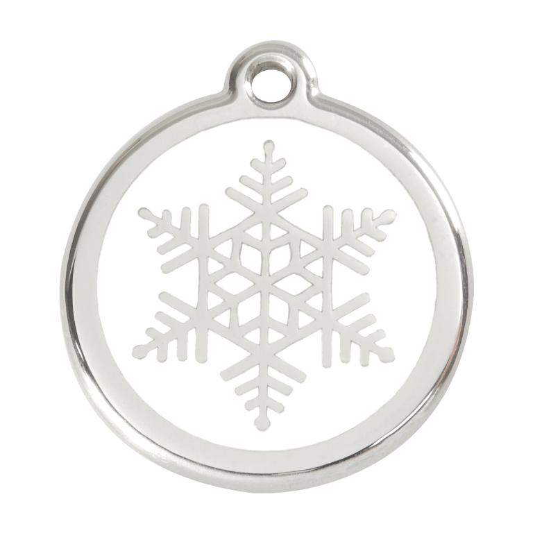 Vue avant - Médaille personnalisée pour chien - Red Dingo Émail et acier inoxydable - Flocon de neige blanc - Size L