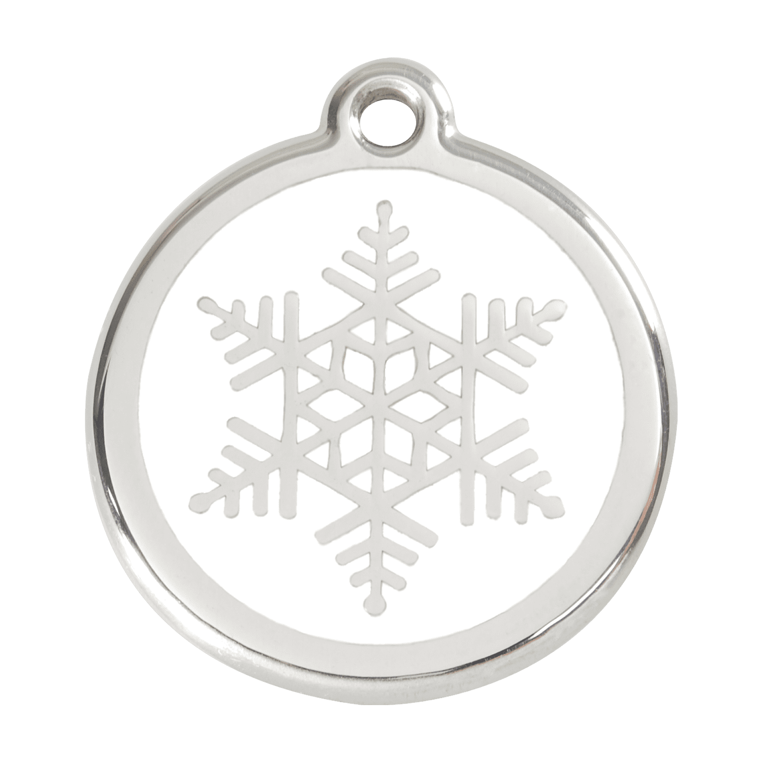Vue avant - Médaille personnalisée pour chien - Red Dingo Émail et acier inoxydable - Flocon de neige blanc - Size L