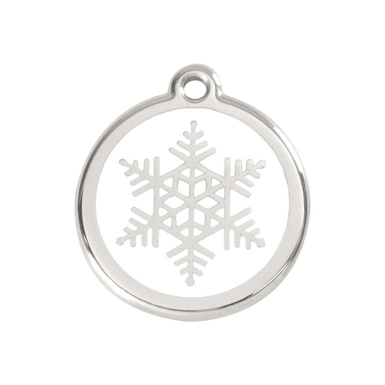 Vue avant - Médaille personnalisée pour chien/chat Red Dingo Émail et acier inoxydable - Flocon de neige blanc - Size M