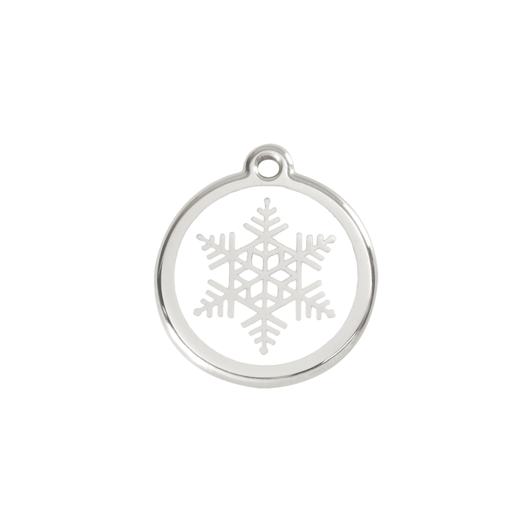 Vue avant - Médaille personnalisée pour chien/chat Red Dingo Émail et acier inoxydable - Flocon de neige blanc - Size S