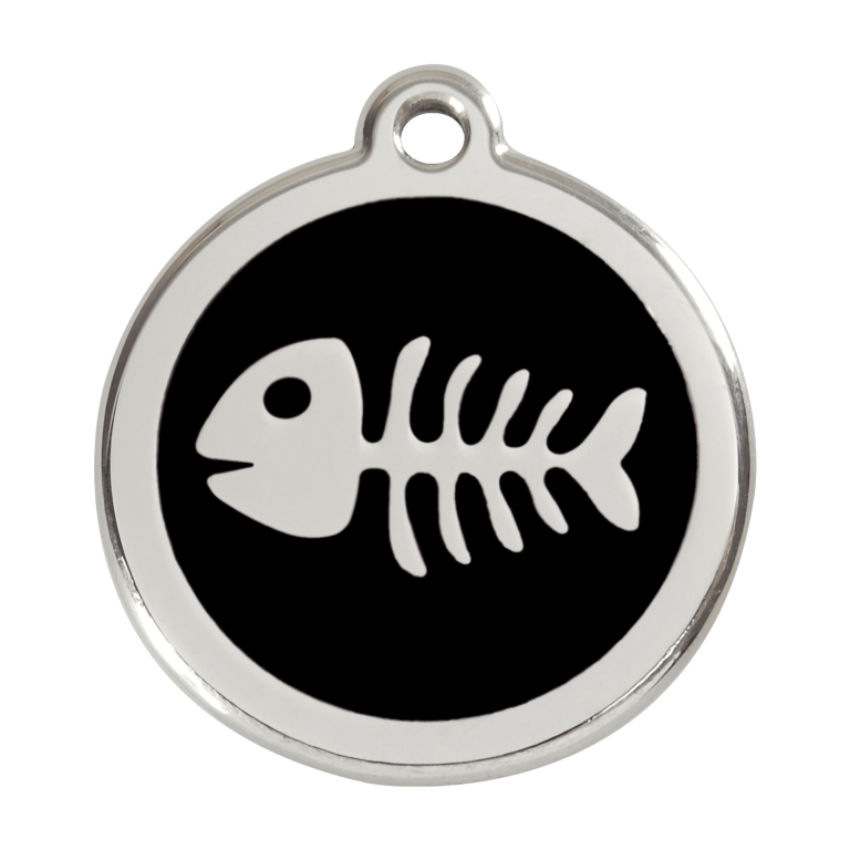 Vue avant - Médaille personnalisable pour chien Red Dingo Émail et acier inoxydable - Squelette de poisson - Noir - Size L