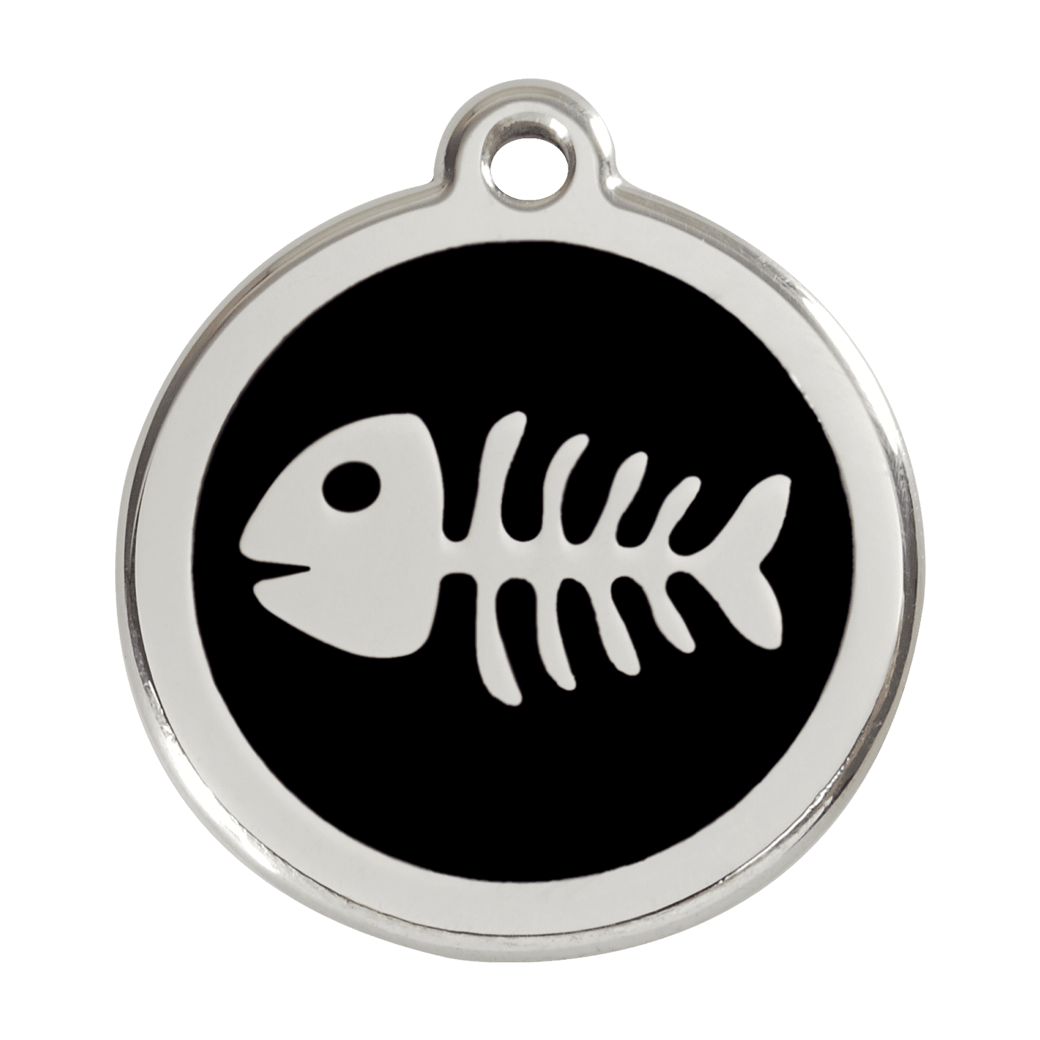 Vue avant - Médaille personnalisable pour chien Red Dingo Émail et acier inoxydable - Squelette de poisson - Noir - Size L