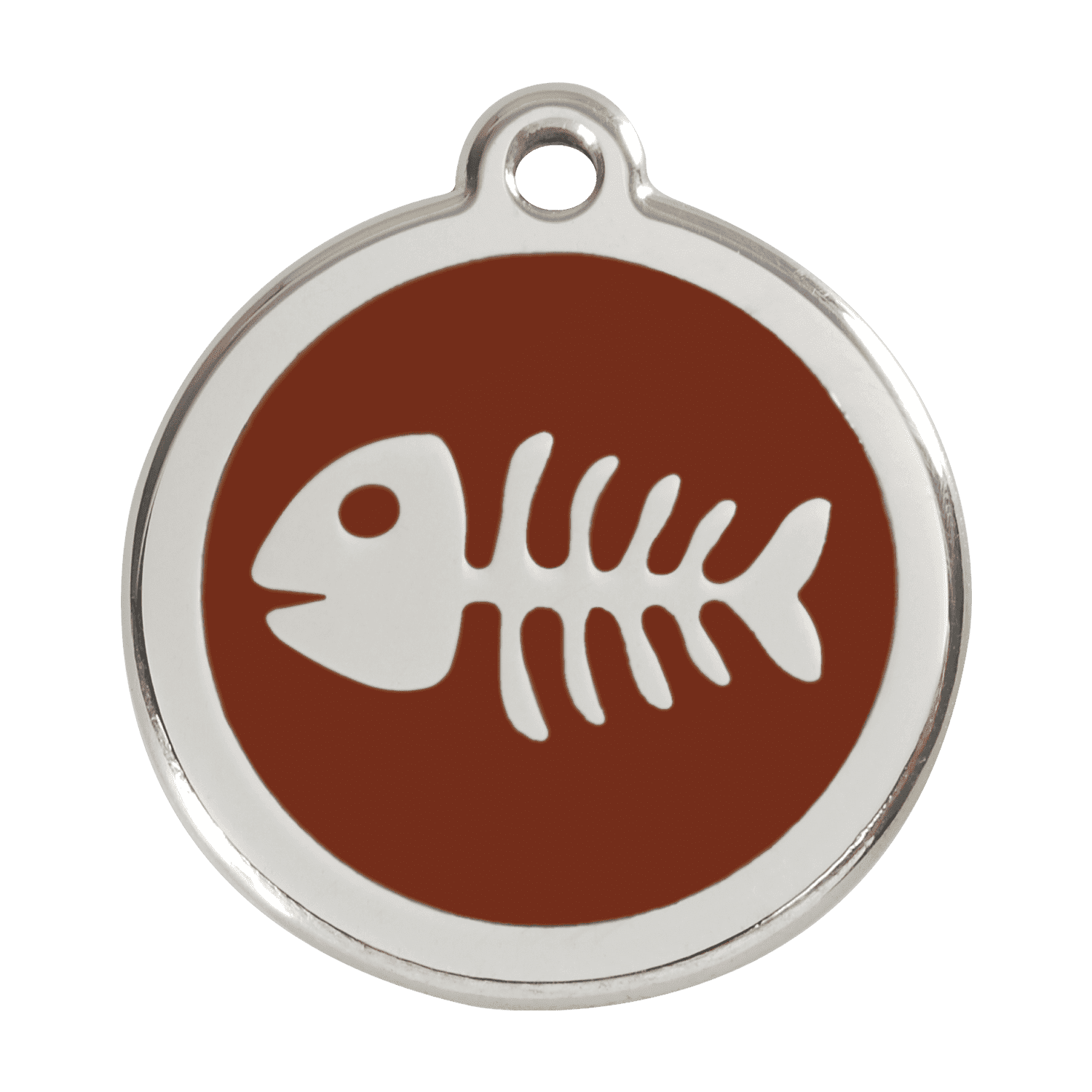 Vue avant - Médaille personnalisable pour chien Red Dingo Émail et acier inoxydable Squelette de poisson Brun Size L
