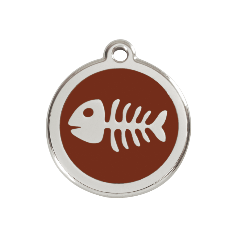 Vue avant - Médaille personnalisée pour chien Red Dingo en émail et acier inoxydable avec motif de squelette de poisson - Brun - Size M