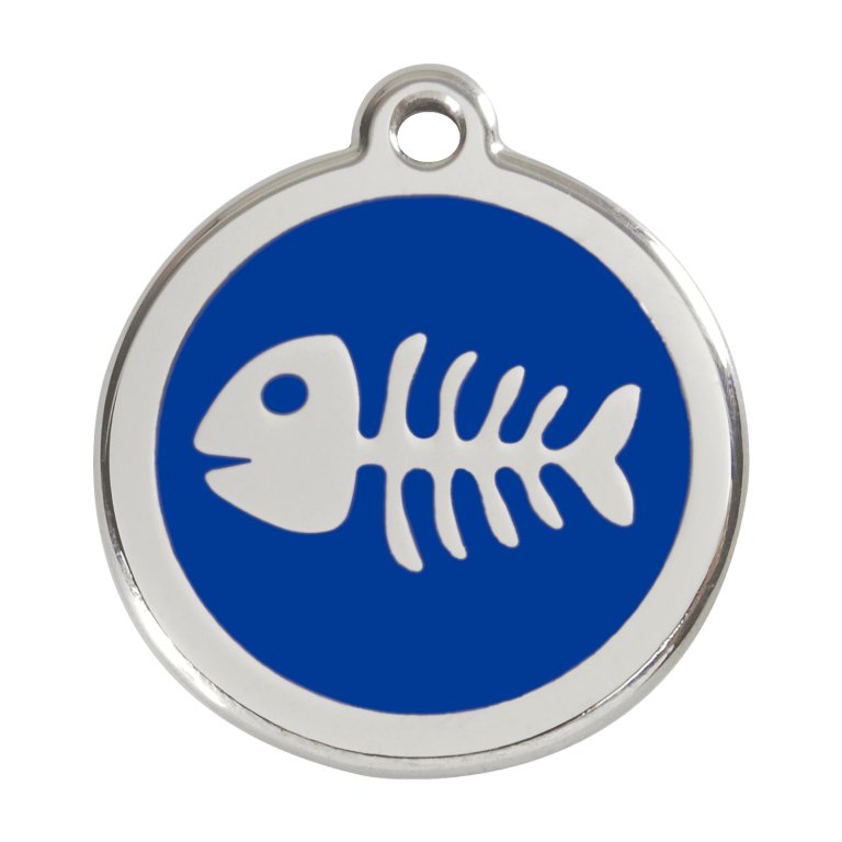 Vue avant - Médaille personnalisée pour chien Red Dingo Émail et acier inoxydable Squelette de poisson Bleu foncé - Size L