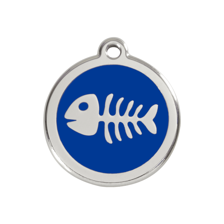 Vue avant - Médaille personnalisée pour chien Red Dingo - Squelette de poisson bleu foncé - Size M