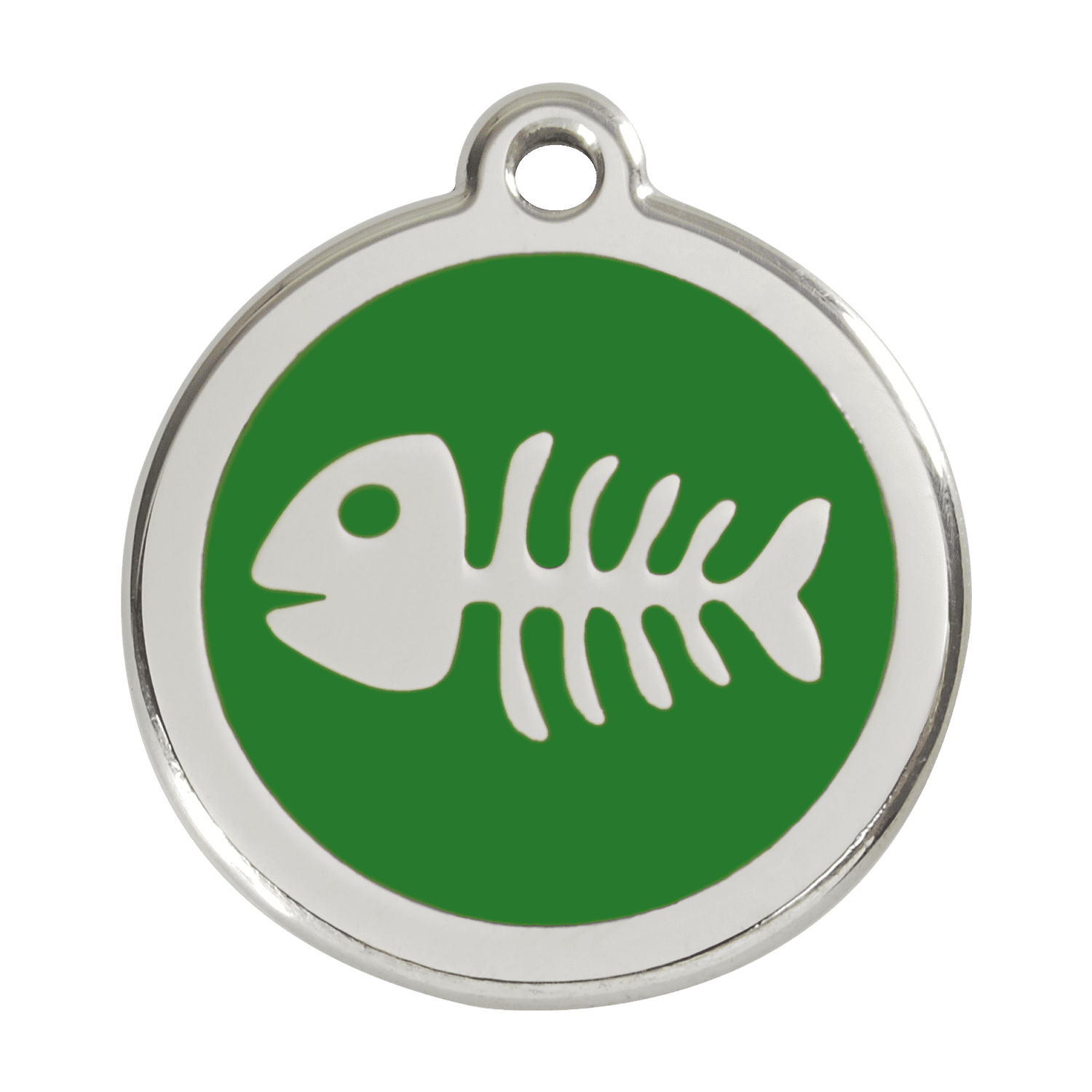 Vue avant - Médaille personnalisée pour chien Red Dingo Émail et acier inoxydable - Squelette de poisson - Vert - Size L
