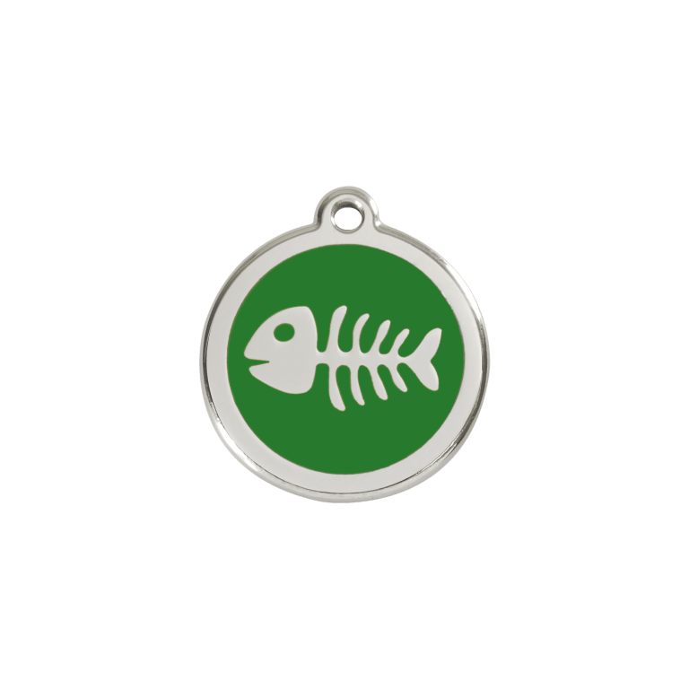 Vue avant - Médaille personnalisée pour chien/chat Red Dingo Émail et acier inoxydable - Squelette de poisson - Vert - Size S