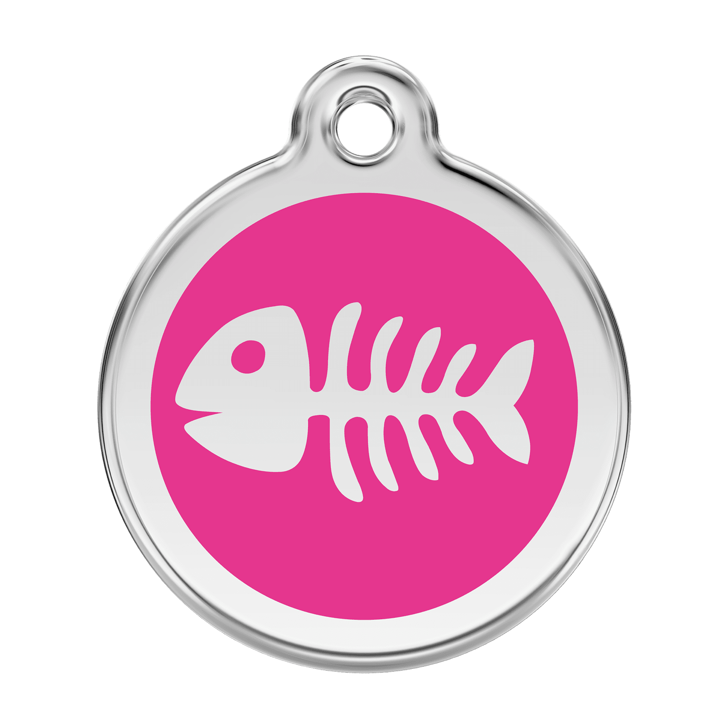 Vue avant - Médaille personnalisée pour chien Red Dingo Émail et acier inoxydable - Squelette de poisson - Rose vif - Size L